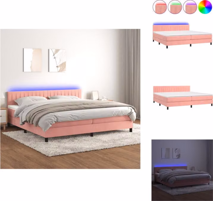 vidaXL Letto a molle con materasso e LED in velluto rosa 200x200 cm - Letti e strutture letto