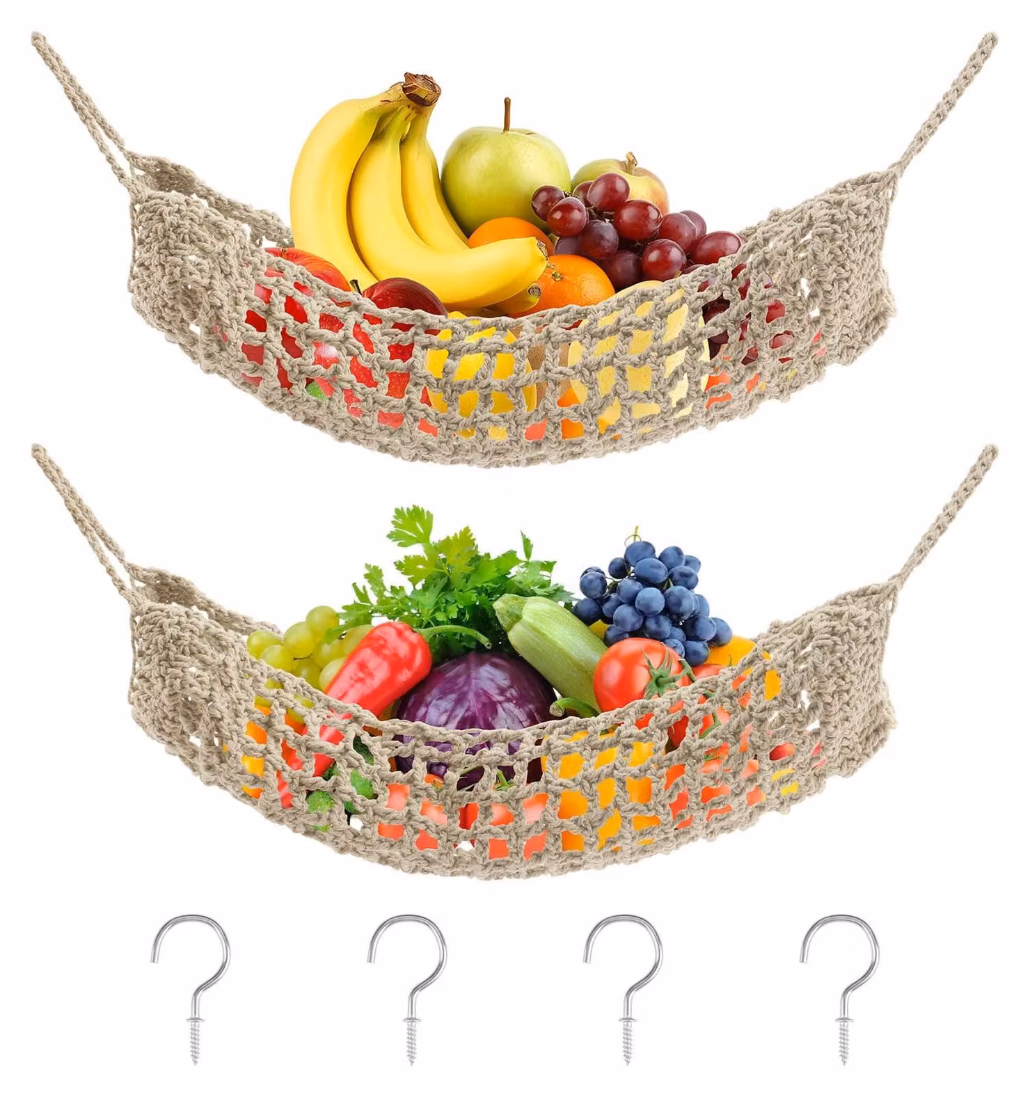 Elzusha - Set di 2 amache in macramè per frutta, ideali per la cucina e dotate di ganci