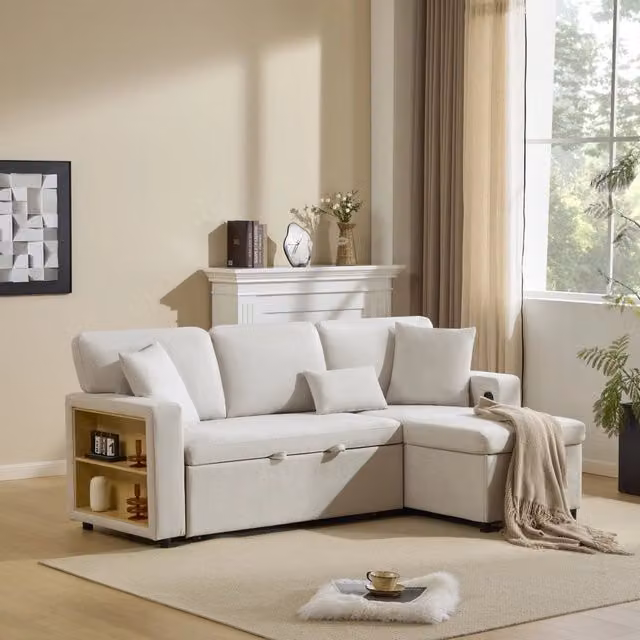 Divano ad angolo convertibile reversibile 3 Sedile 214x131 cm con mensola a scomparsa 182x110 cm USB Flannel Beige
