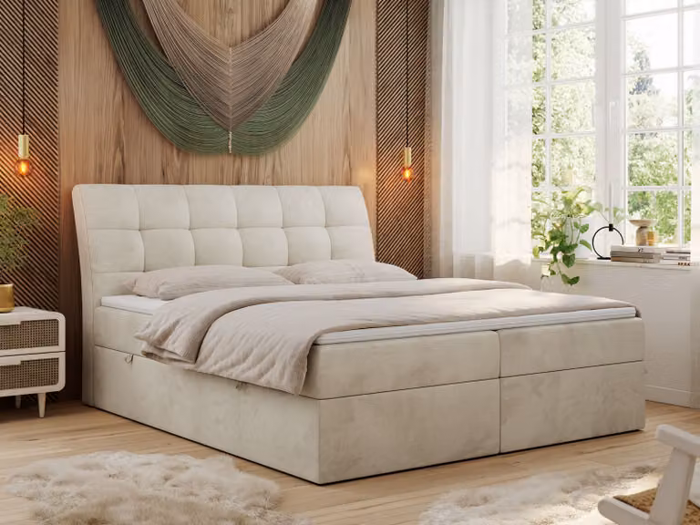 Letto boxspring 160x200 con materasso, letto con materasso Multipocket - H3 e topper, letto imbottito 160x200 con contenitore e testiera, DIEGOS - 160x200 - Beige - Velvet - H3