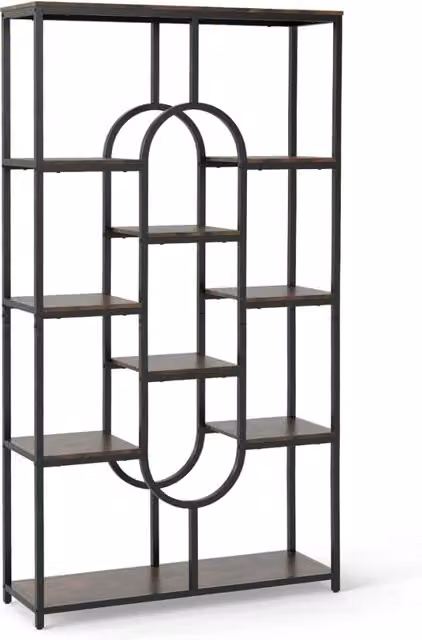 Libreria moderna a 5 ripiani con struttura in metallo e legno, design ovale con spazi aperti, colore marrone e nero, L: 95 cm, P: 30 cm, H: 175 cm
