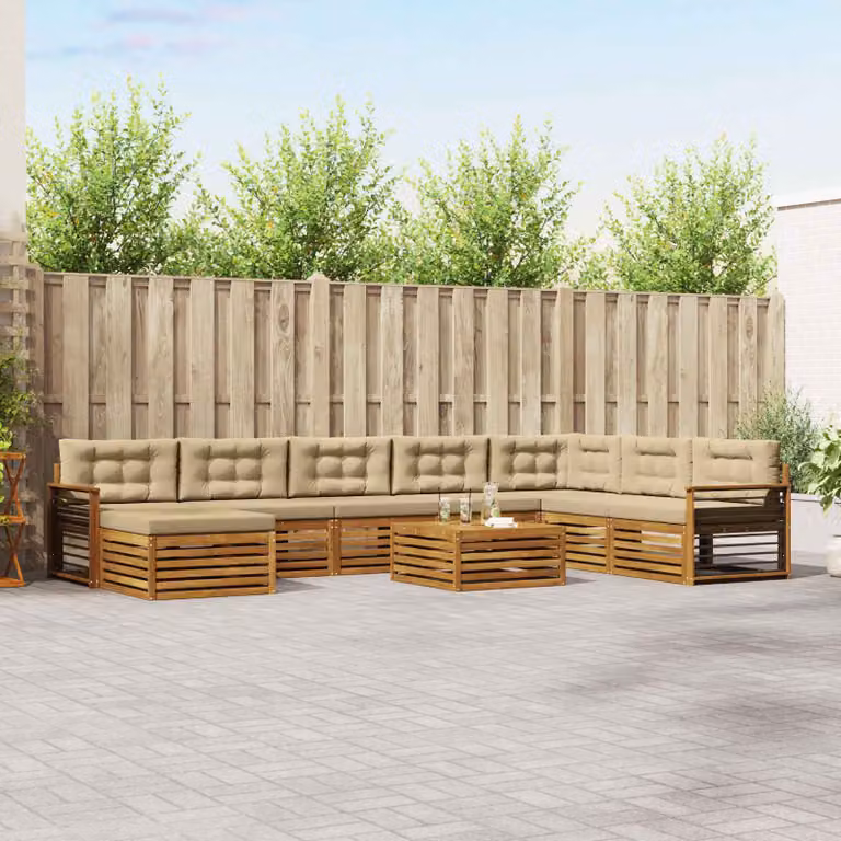vidaXL Set di divani da esterno 9 pz in legno di acacia con cuscini, colore beige e marrone