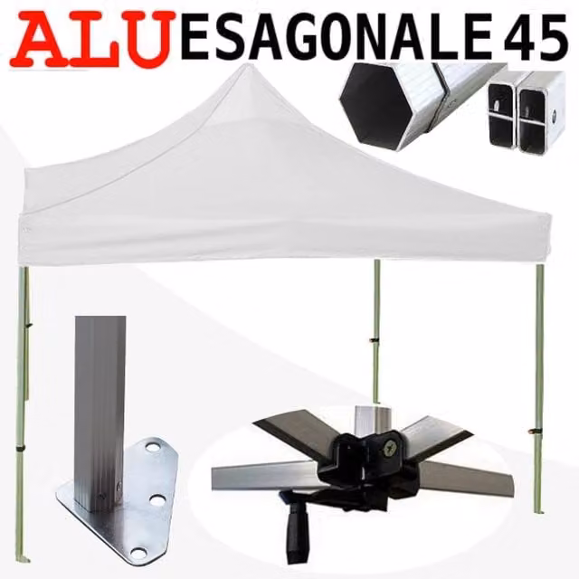 Gazebo 3x3 m bianco SENZA laterali pieghevole alluminio piantone esagonale 45mm portatile estendibile richiudibile estensibile acciaio per fiere eventi stand chiosco tenda tendone mercato mercatino