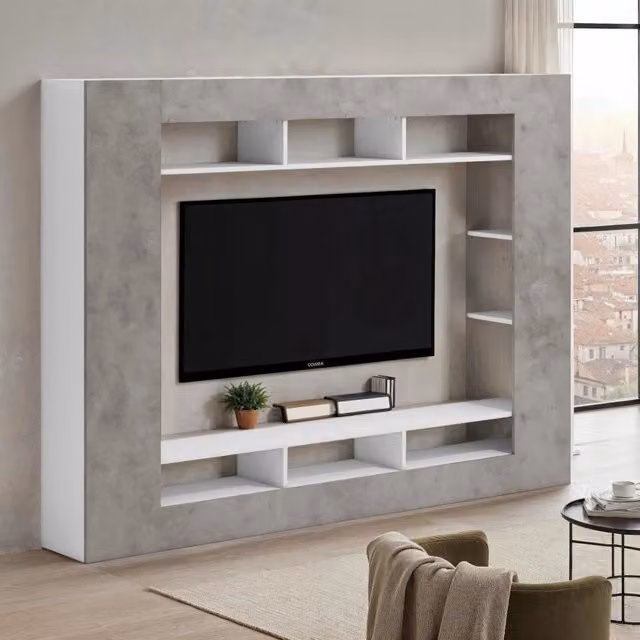 Mobile Soggiorno Sadali, Parete Attrezzata 7 Ripiani Made in Italy, 216x30.4x158.6h cm Grigio Cemento