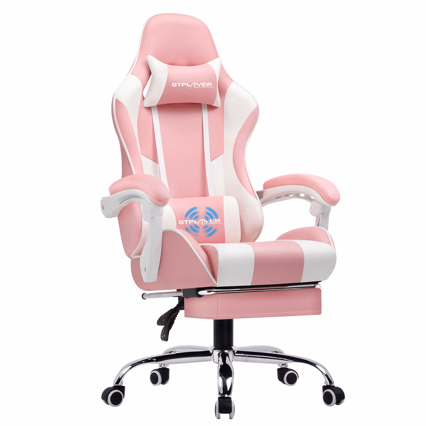 GTPLAYER sedia da tavolo per videogiochi, sedia da ufficio ergonomica con funzione massaggio e poggiapiedi, corrimano, base in acciaio, rosa