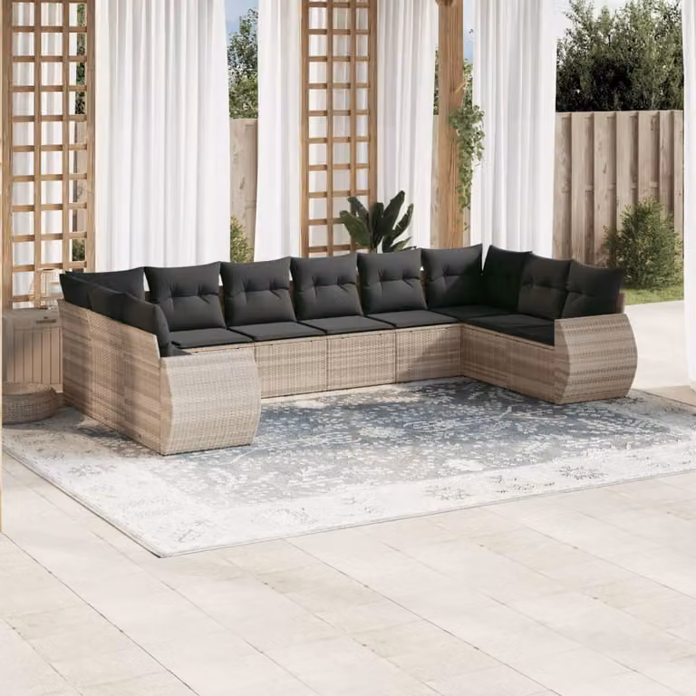 vidaXL Set Divano da Giardino a L in Polyrattan Grigio con 10 Cuscini Imbottiti e Coperture Rimovibili