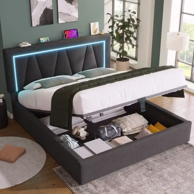Letto contenitore Mivray in lino grigio con testiera regolabile, illuminazione LED e porte USB e Type-C, L/P/H: 140 x 200 x 110,5 cm