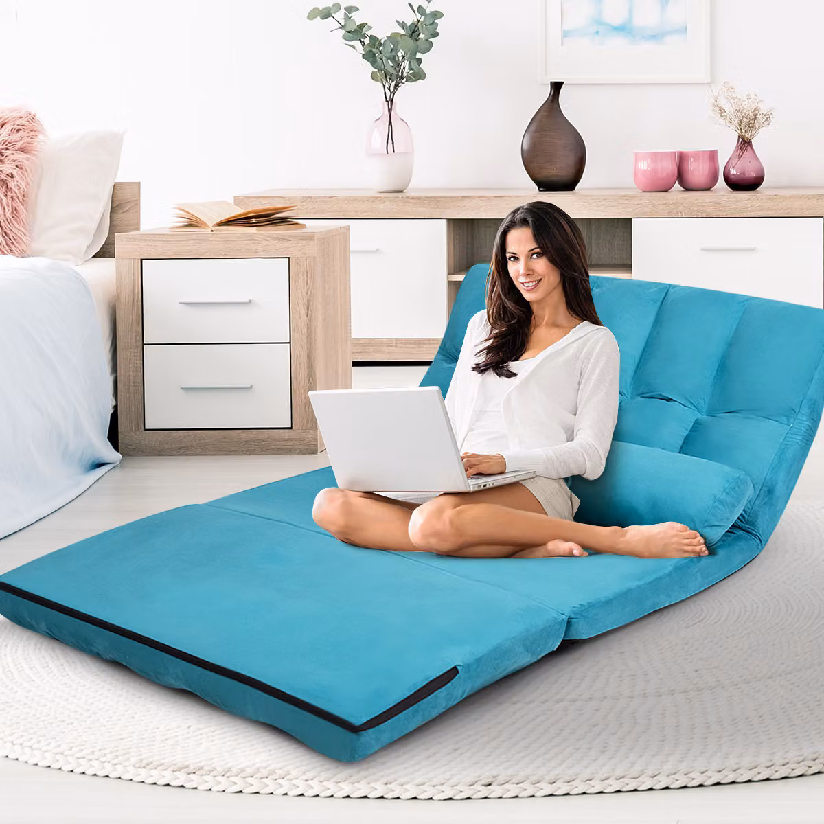 Divano letto COSTWAY con 2 cuscini, divano letto con schienale regolabile a 6 livelli, divano pigro pieghevole, divano da terra per camera da letto, soggiorno e balcone blu
