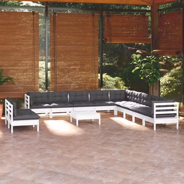Set di divani da giardino vidaXL in legno di pino con cuscini bianchi e antracite