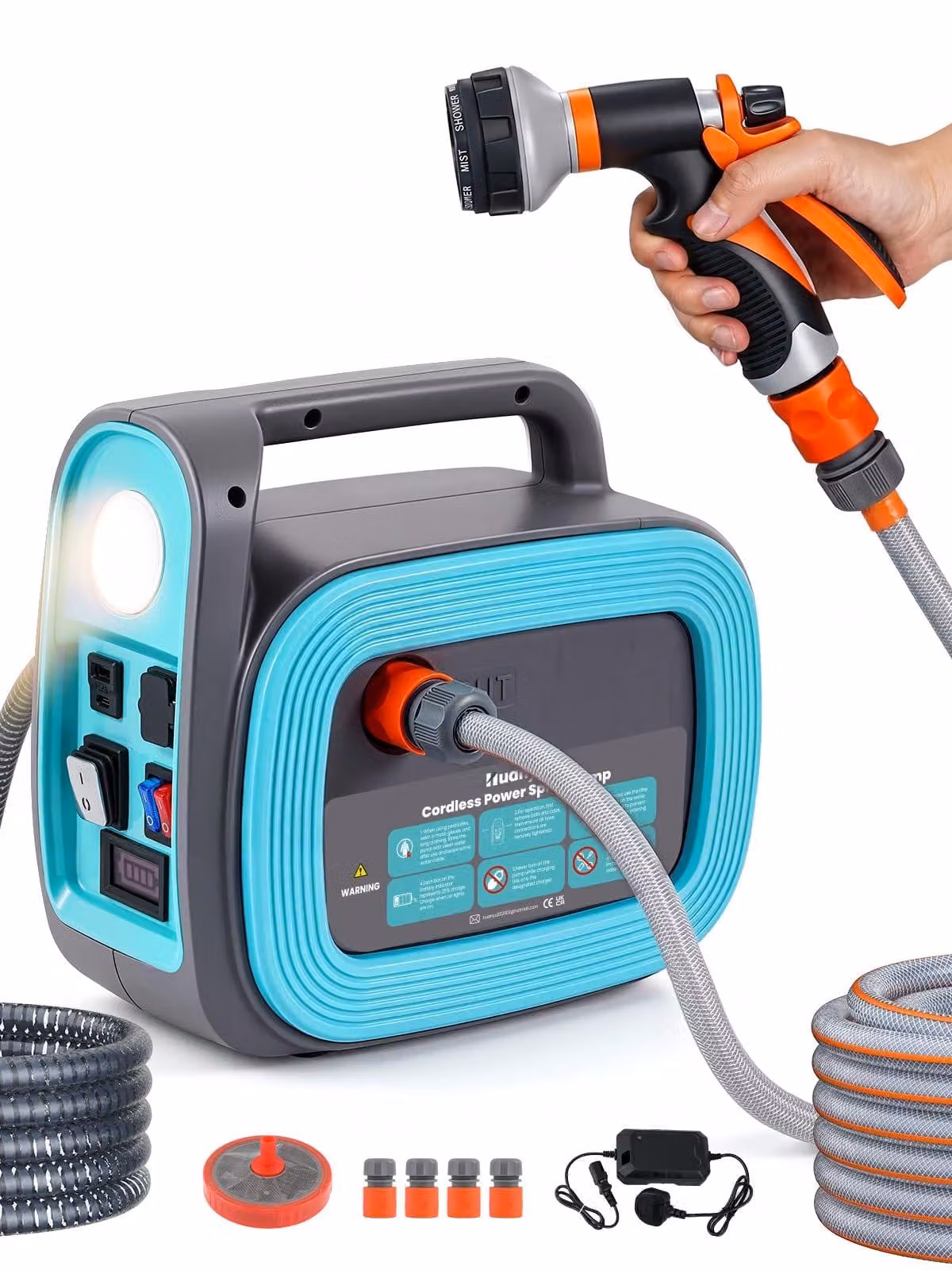 Pompa per acqua a batteria, 12 Ah, portatile, con illuminazione e kit tubi
