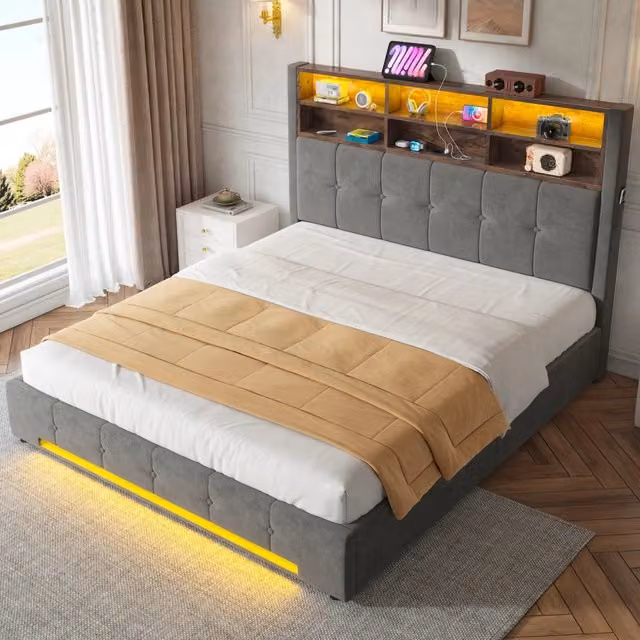 Letto matrimoniale 160 × 200 cm contenitore con testiera in velluto grigio scuro LED USB-C e sollevamento idraulico