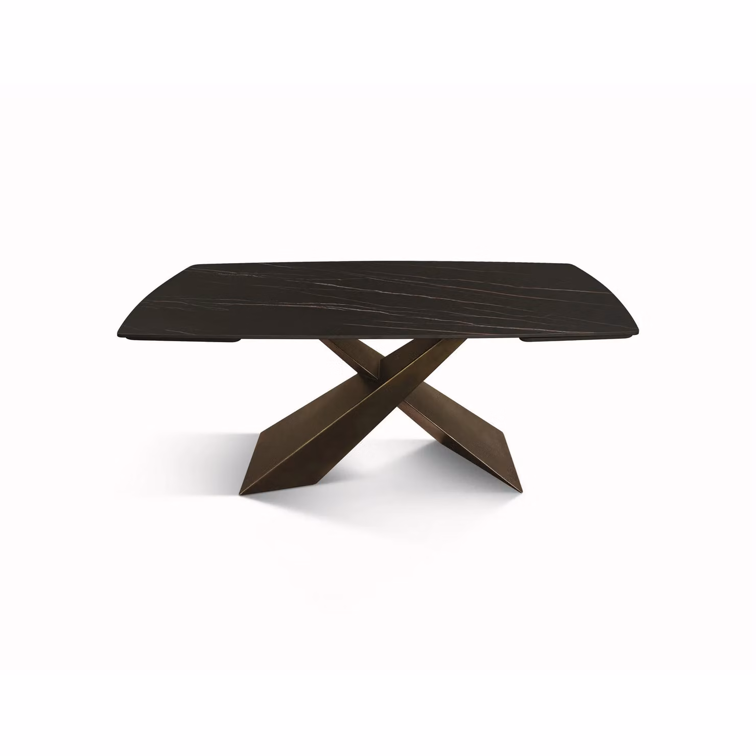 Tavolo FIGARI in vetroceramica matt golden nero con gambe a X in metallo bronzo, allungabile 160×90 cm – 240×90 cm