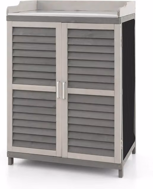 Armadietto da esterno in legno di abete con 2 ante magnetiche, 1 ripiano e piano in metallo placcato 67x47x100 cm Grigio