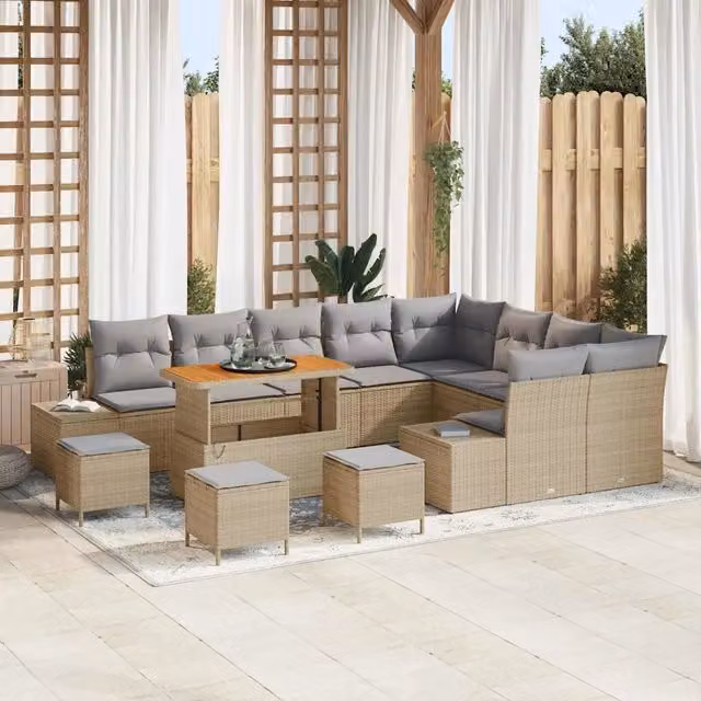 Set Divano da Giardino vidaXL 13 Pezzi Beige con Cuscini e Tavolino in Polyrattan e Acciaio