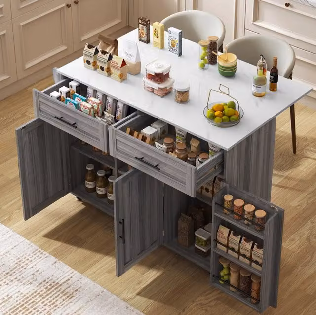Carrello da cucina con piano estensibile 129x46x91;5 cm; MDF; grigio e bianco