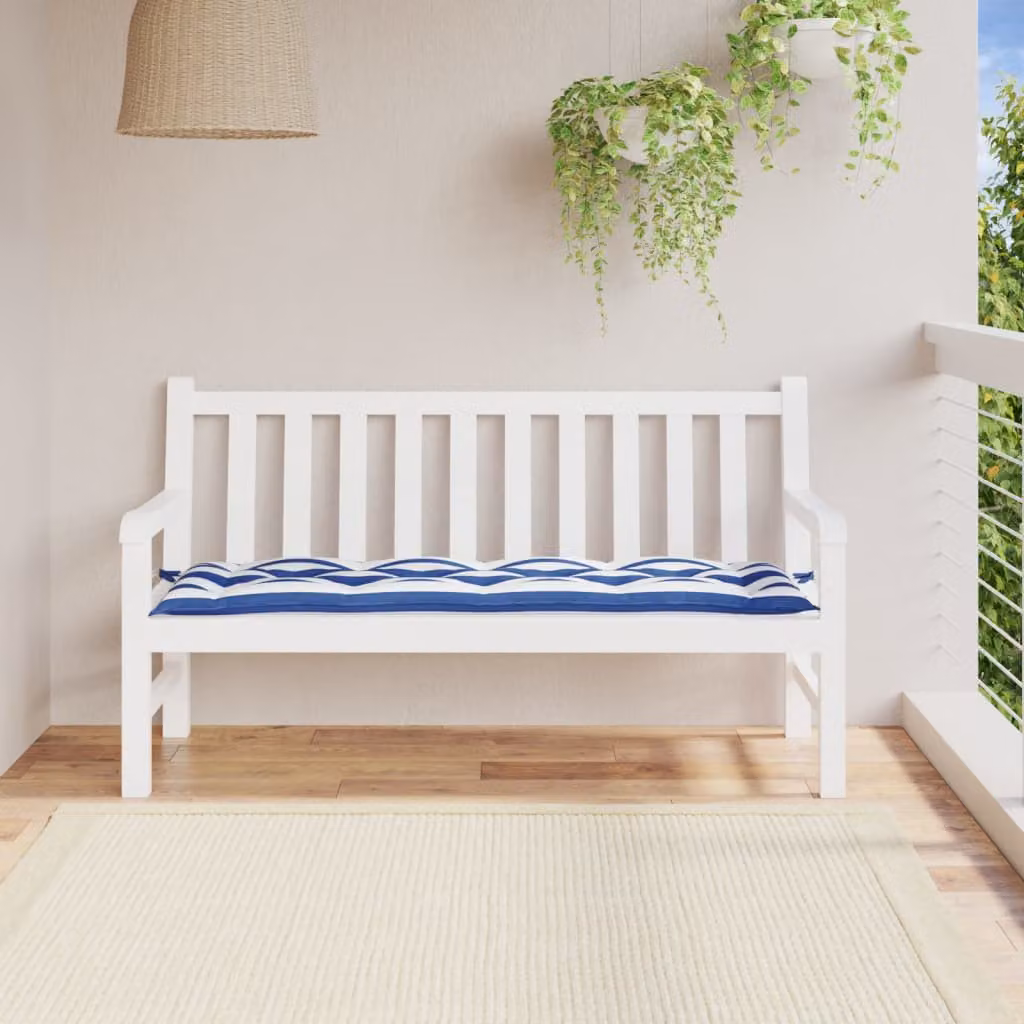 vidaXL Cuscino per Panca Rettangolare Multicolore Bianco e Blu in Tessuto Oxford Idrorepellente e Traspirante L/P/H: 150 x 50 x 7 cm
