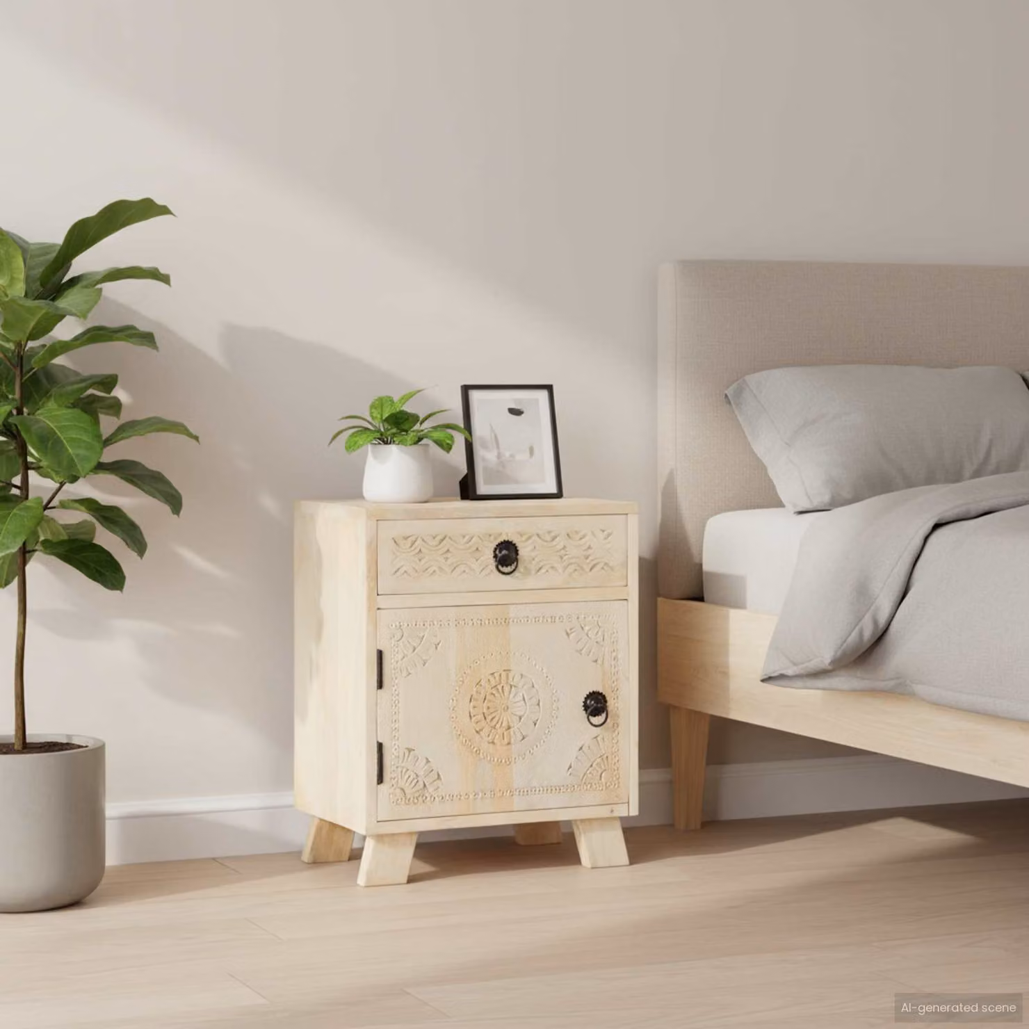 Comodino vidaXL in Legno di Mango con Design Astratto ed Etnico, Disponibile in Bianco, Marrone o Beige, L 40 cm x P 30 cm x H 50 cm