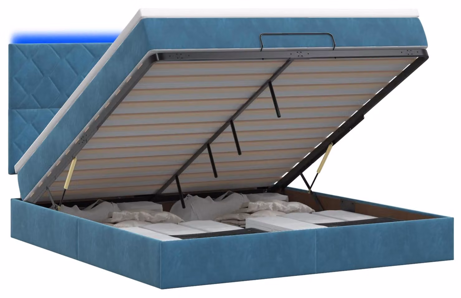 Panca contenitore con materasso e luci LED, colore blu scuro, 140 x 190 cm, rivestita in velluto