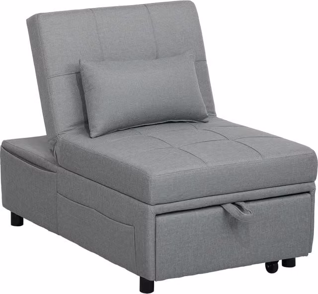Poltrona Letto Singola Pieghevole 3 in 1 Grigio Chiaro con Schienale Regolabile Ruote Tasche Laterali e Cuscino Salvaspazio per Casa e Soggiorno
