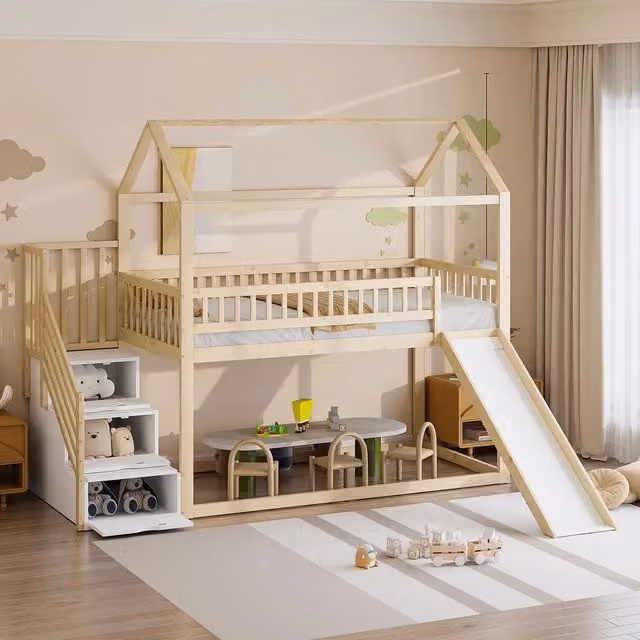 Letto a soppalco per bambini ¨C Minimal ¨C 90x200 cm, legno massello di pino, con scivolo, rete a doghe inclusa