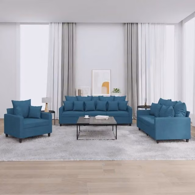 Set di divani 3 pezzi vidaXL in velluto blu con cuscini per soggiorno moderno – 1