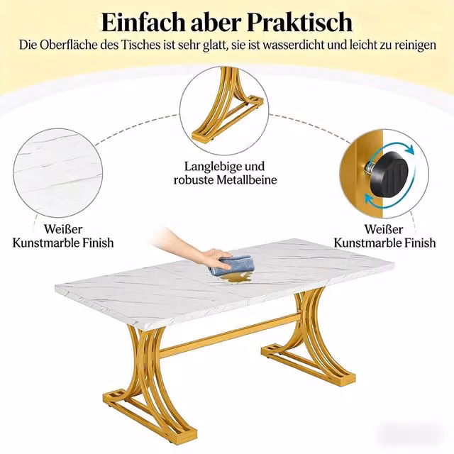 Tavolo da pranzo moderno REDOM rettangolare in marmo artificiale e metallo bianco e oro L: 160 cm, P: 80 cm