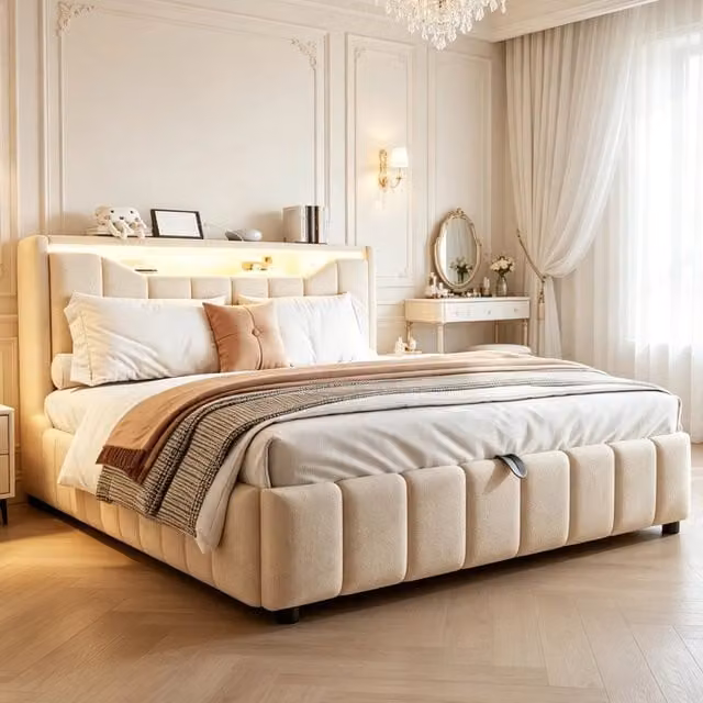 Letto contenitore 140 x 200 cm con contenitore idraulico, LED e USB/USB-C, letto imbottito in lino beige con vano integrato nella testiera