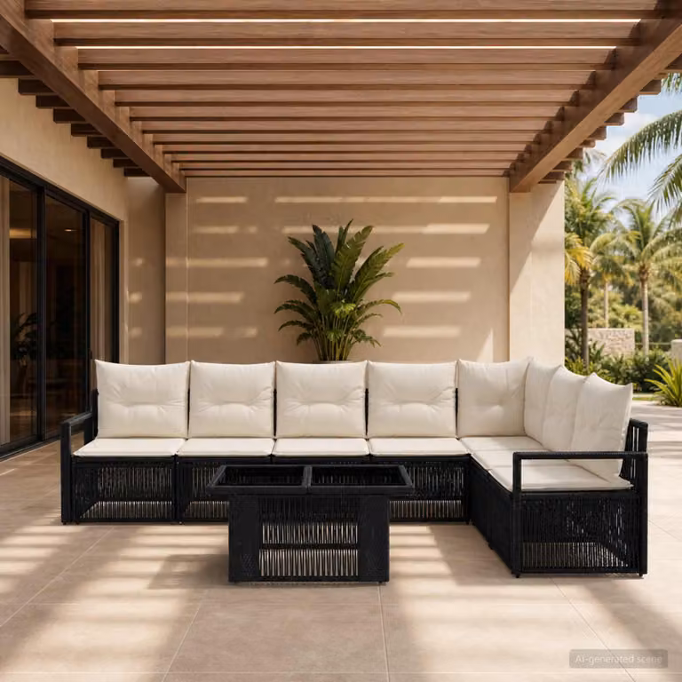 Set Divano da Giardino vidaXL 8 pz con Tavolino, Design Moderno a L, Colore Nero e Bianco con Cuscini Rimovibili