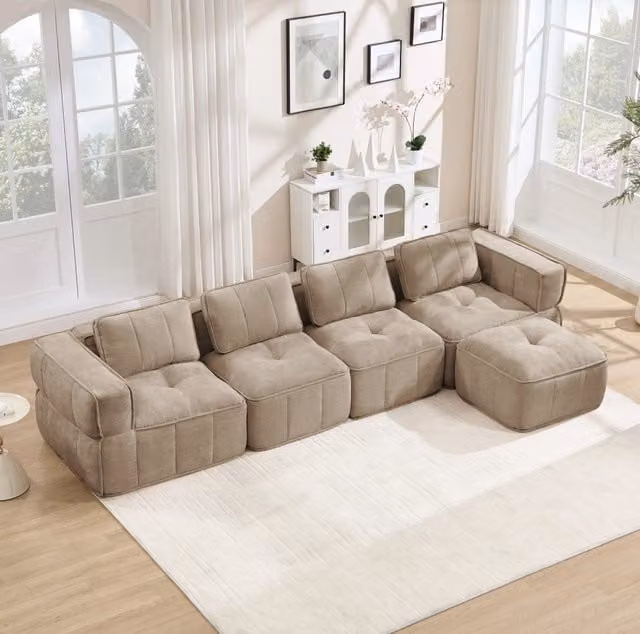 Divano angolare modulare 4 posti con pouf 344x162 cm in poliestere; sabbia