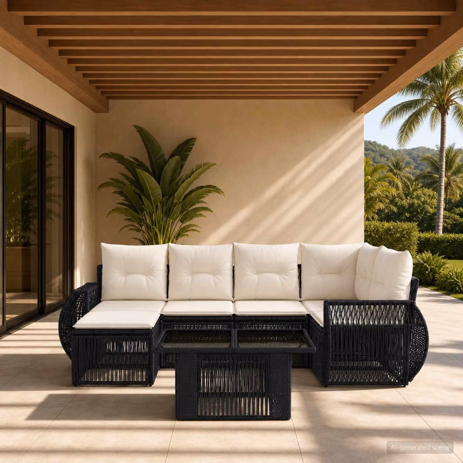Set Divano da Giardino Moderno vidaXL 7 Pezzi in Polyrattan con Cuscini, Tavolino e Ottoman, Nero e Bianco Crema