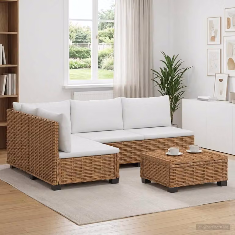 Set Lounge da Giardino vidaXL GENDT in Polyrattan con Cuscini e Tavolino, Design Moderno a L, Colore Naturale