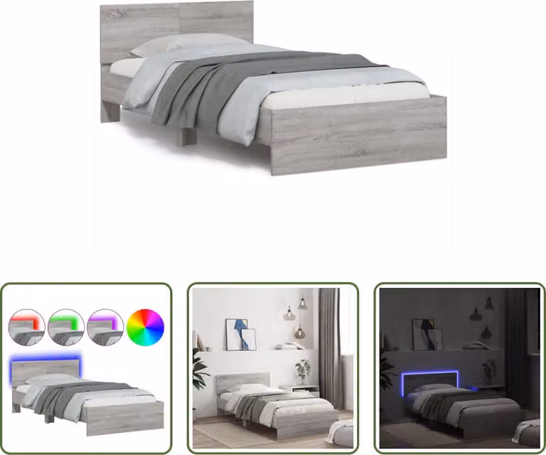 The Living Store Struttura letto con testiera e luci LED Grigio Sonoma 100x200cm