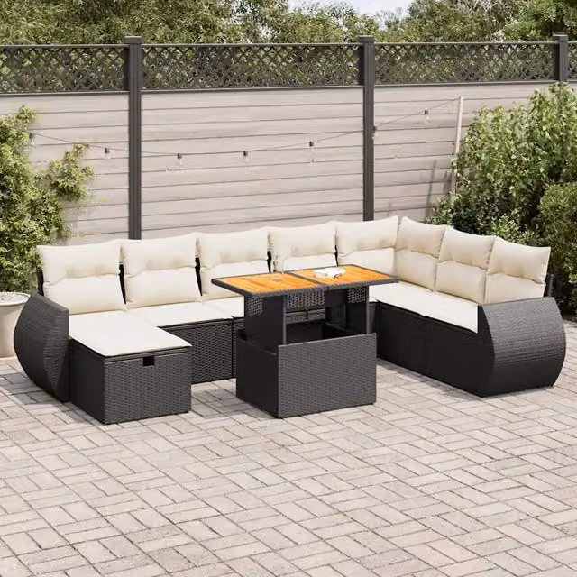 Set Divani da Giardino 9 pz con Cuscini Nero Polyrattan Acacia 3328071