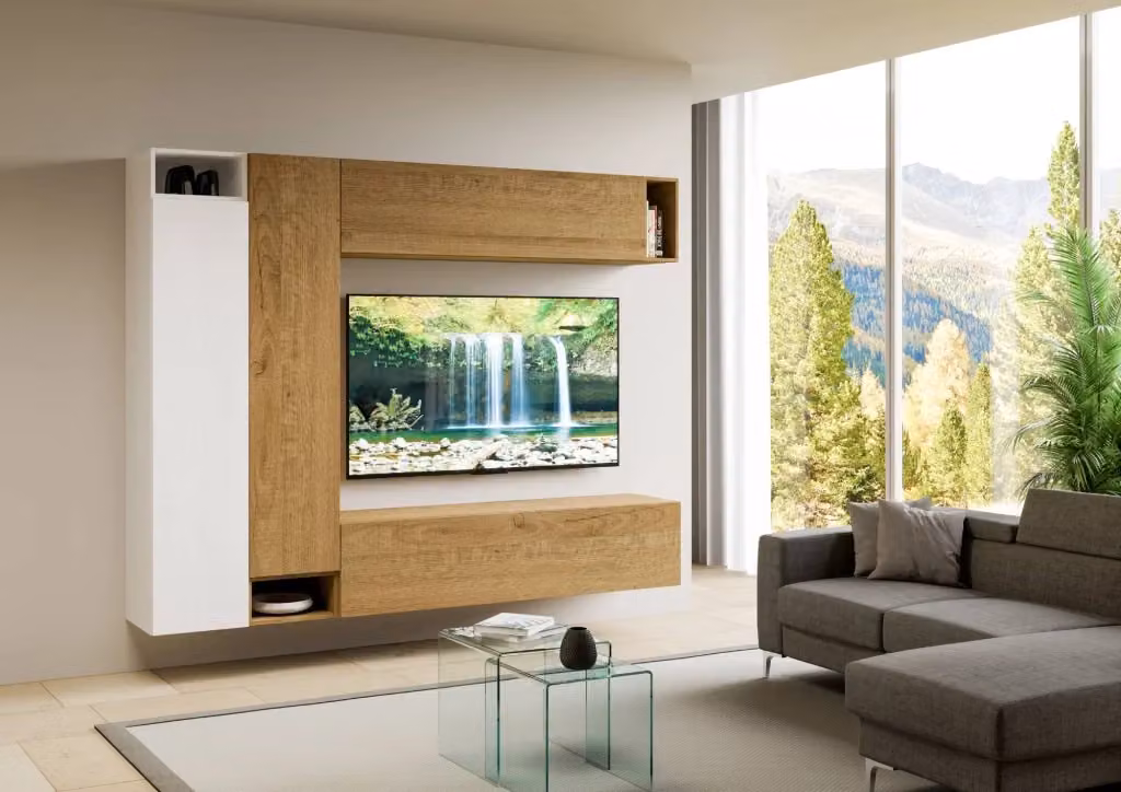 Composizione parete soggiorno moderna Itamoby in legno bianco opaco con pensili e mensole, L: 254 cm, H: 194 cm, P: 39,2 cm – 2