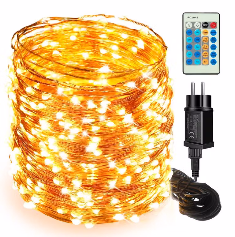 Catena luminosa a LED, 50 metri, 500 LED, filo di rame, dimmerabile, con telecomando