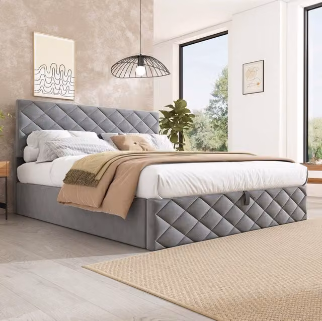 Letto 140x200 cm con alzata idraulica; rete a doghe e contenitore in velluto grigio