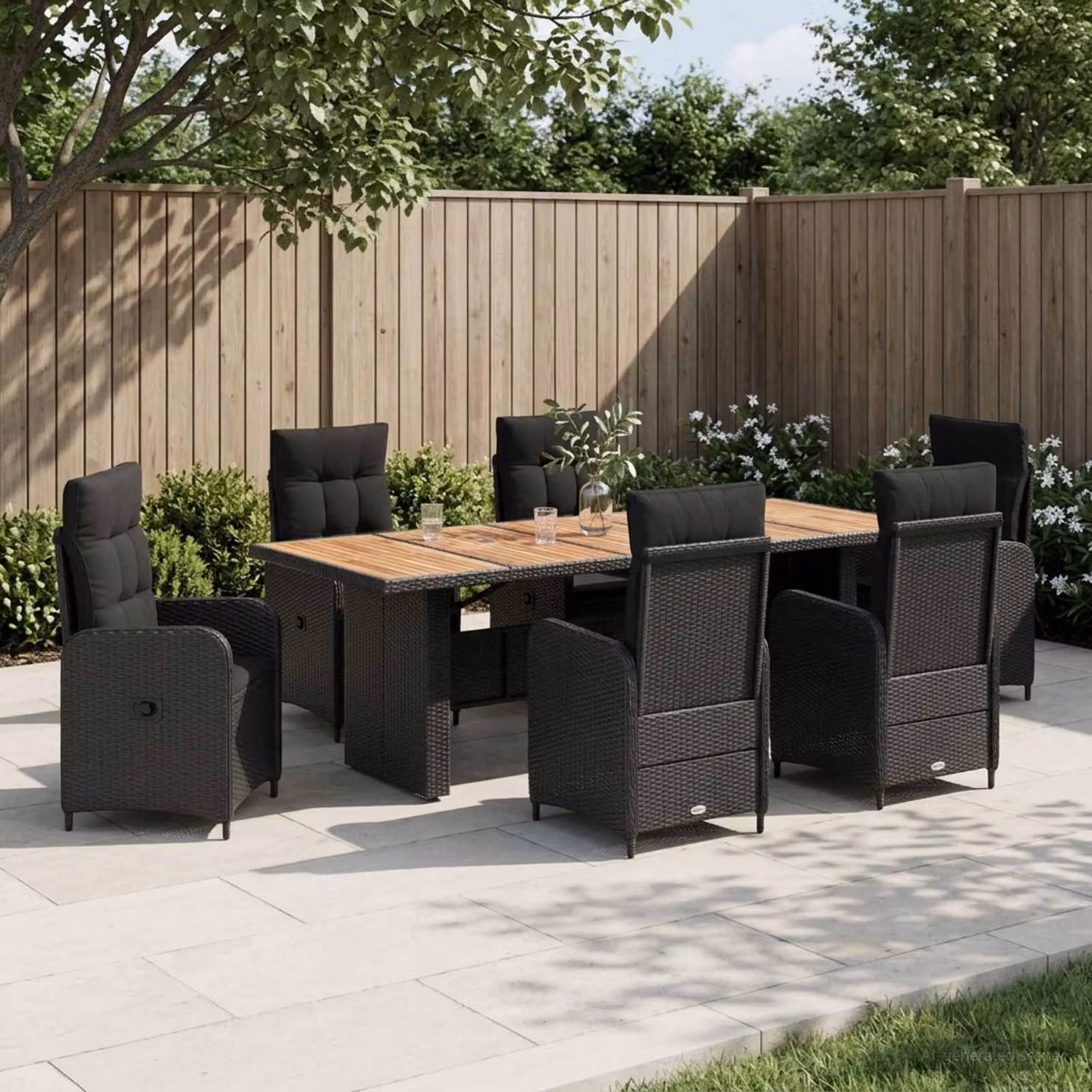 Set da pranzo per esterni vidaXL in polyrattan e legno di acacia nero, 7 pezzi