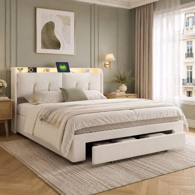 Letto Matrimoniale 160x200 Imbottito in Velluto Bianco, Letto Contenitore con Testiera a Scomparti, LED RGB, USB-C, Cassetto Sottoletto Salvaspazio, Rete a Doghe
