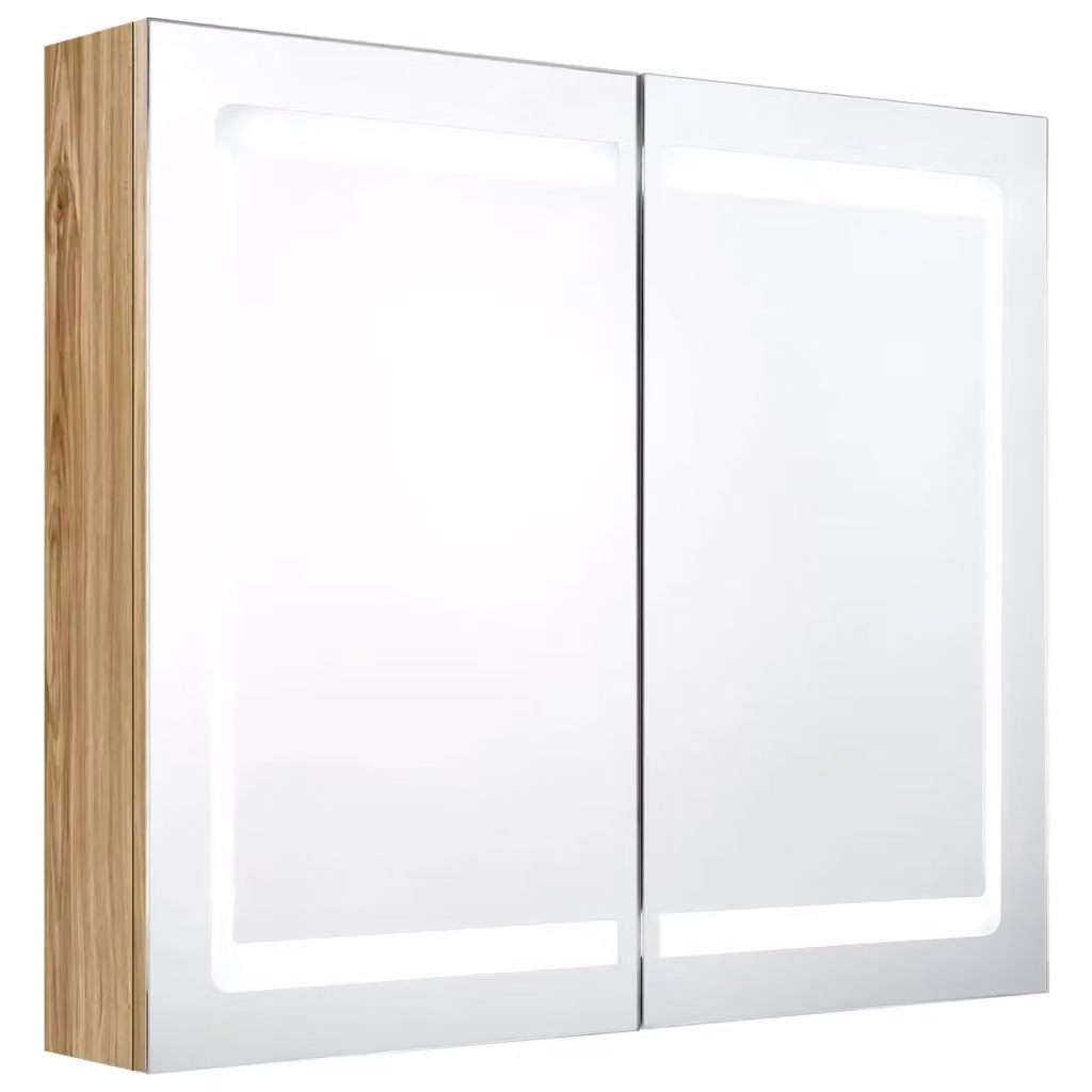 Armadietto da bagno moderno vidaXL con specchio e illuminazione LED in rovere, L 80 cm x P 12 cm x H 68 cm – 2