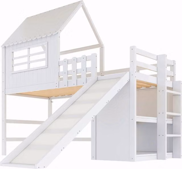 Letto a castello per bambini 90x200 cm in legno massiccio con scivolo di sicurezza, scaletta e ripiani multifunzione, bianco e rosa