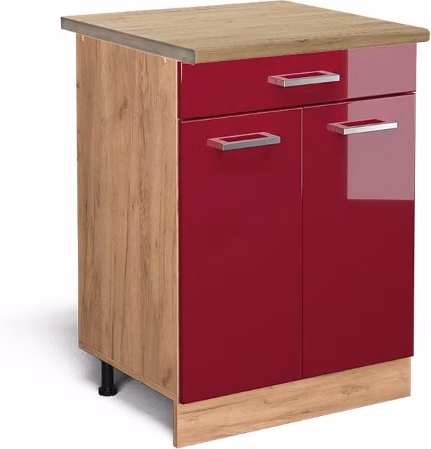Mobiletto base per cucina R-Line Rosso lucido/Rovere dorato 60 cm con cassetto, PL Rovere Vicco