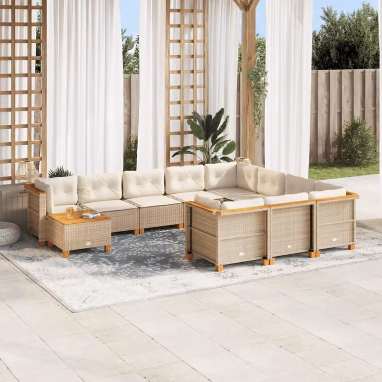 Set di divani da giardino vidaXL 11 pezzi in polyrattan beige con cuscini e tavolino da esterno