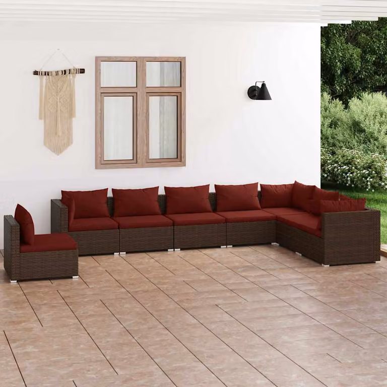 vidaXL Set Divani da Giardino 8 pz a Forma a L con Cuscini, Struttura in Metallo e Polyrattan Marrone e Rosso