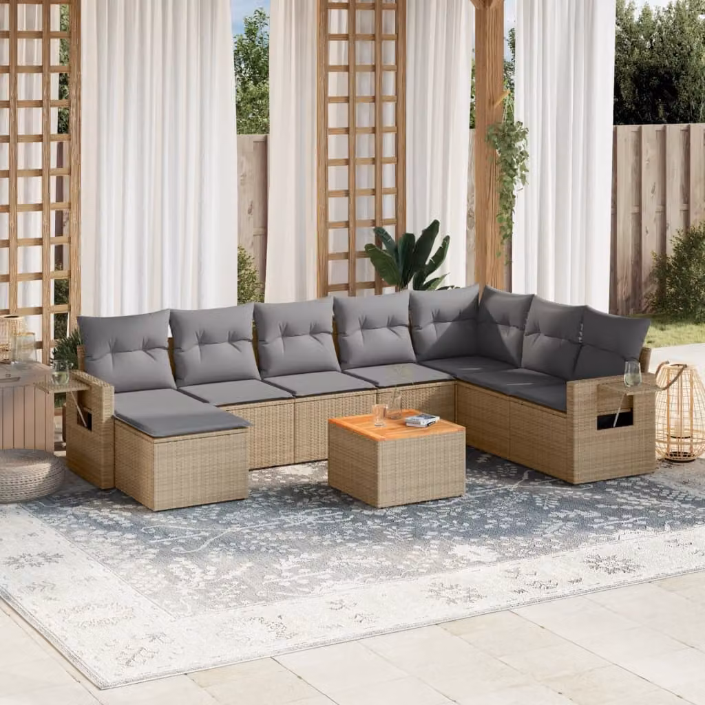 vidaXL Set Divano da Giardino 9 pz in Polyrattan con Cuscini Beige e Tavolino da Esterno – 1