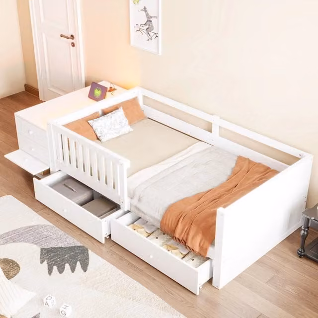 Letto a soppalco singolo WISHDOR per bambini con contenitore, cassetti, luci LED e prese USB, bianco, L/P/H: 200 x 90 x 245 cm
