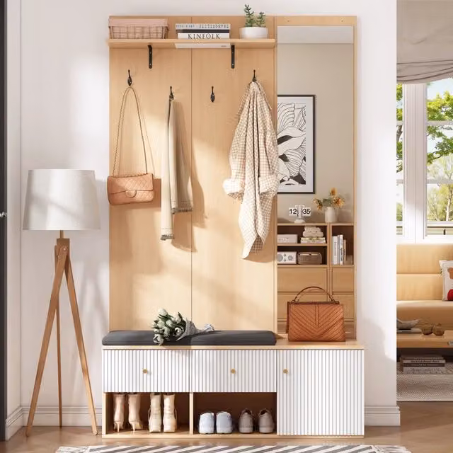Mobile ingresso con specchio, 4 ganci, 2 cassetti, 1 armadio e panca imbottita, 120×40×200 cm, MDF bianco e rovere