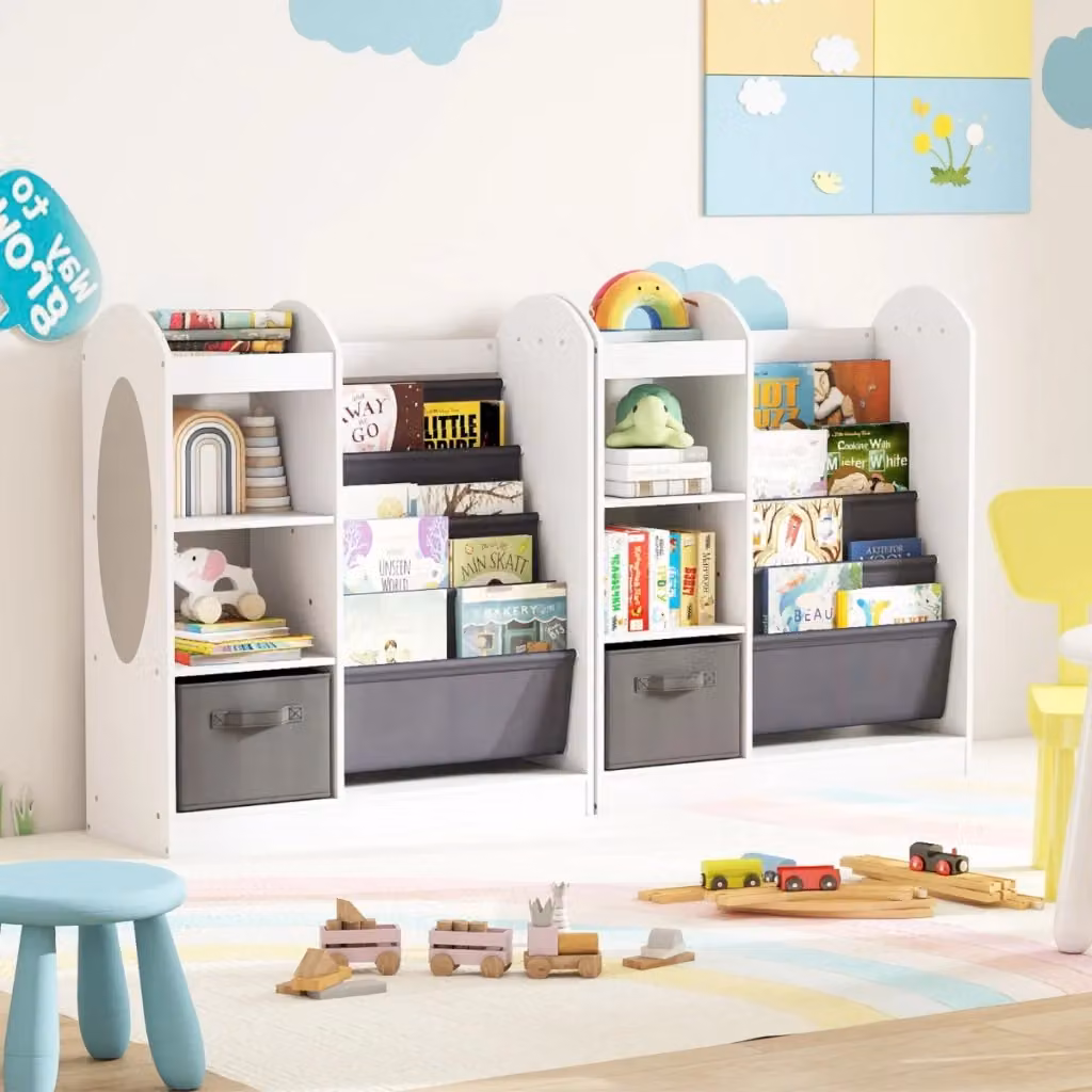 Libreria Montessori per bambini Design Mania con specchio e 4 ripiani, colore bianco, L: 90,0 cm, P: 30,0 cm, H: 87,5 cm – 2