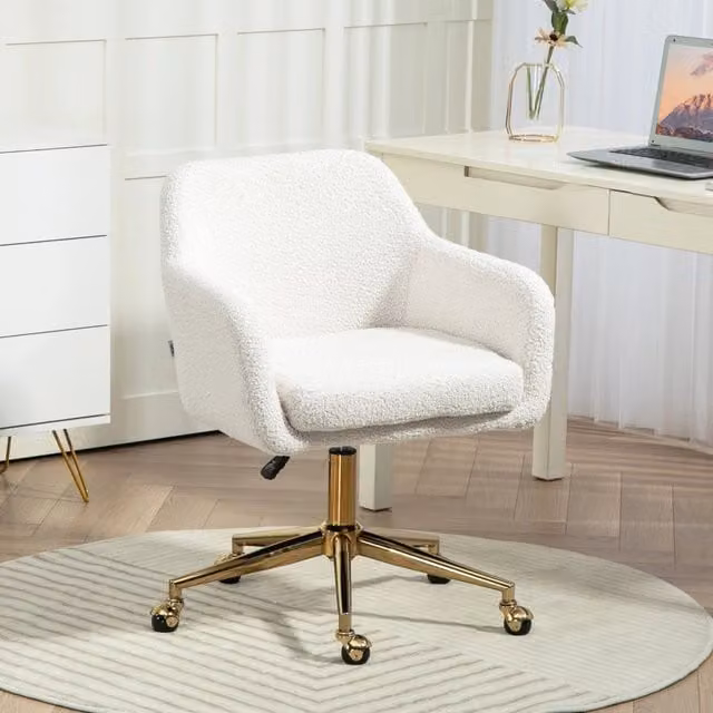 Sedia da ufficio girevole in tessuto bouclé bianco con braccioli e ruote, stile minimalista, L: 60 cm, P: 61 cm, H: 79-88 cm
