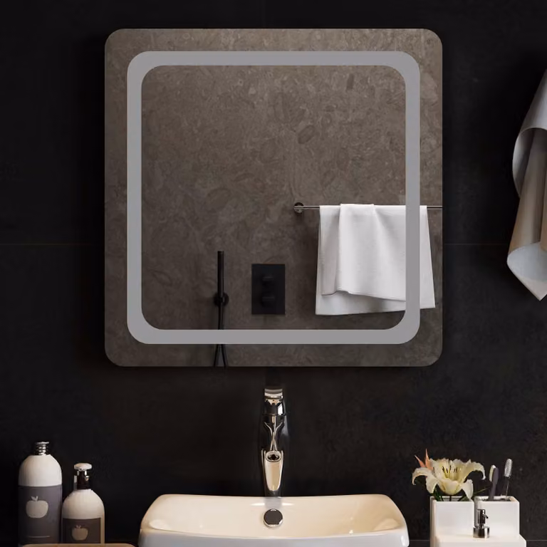 Specchio da bagno moderno vidaXL con illuminazione LED in vetro temperato, L 60 cm x H 60 cm