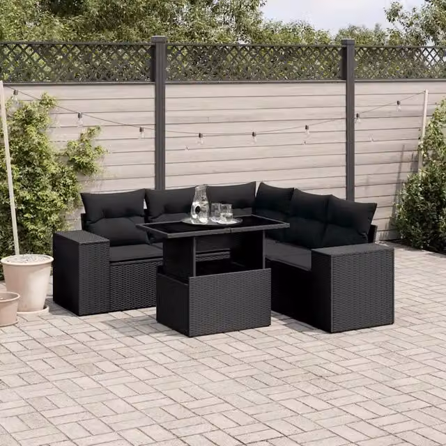 Set Divano da Giardino 6 pz con Cuscini Nero in Polyrattan 3269155